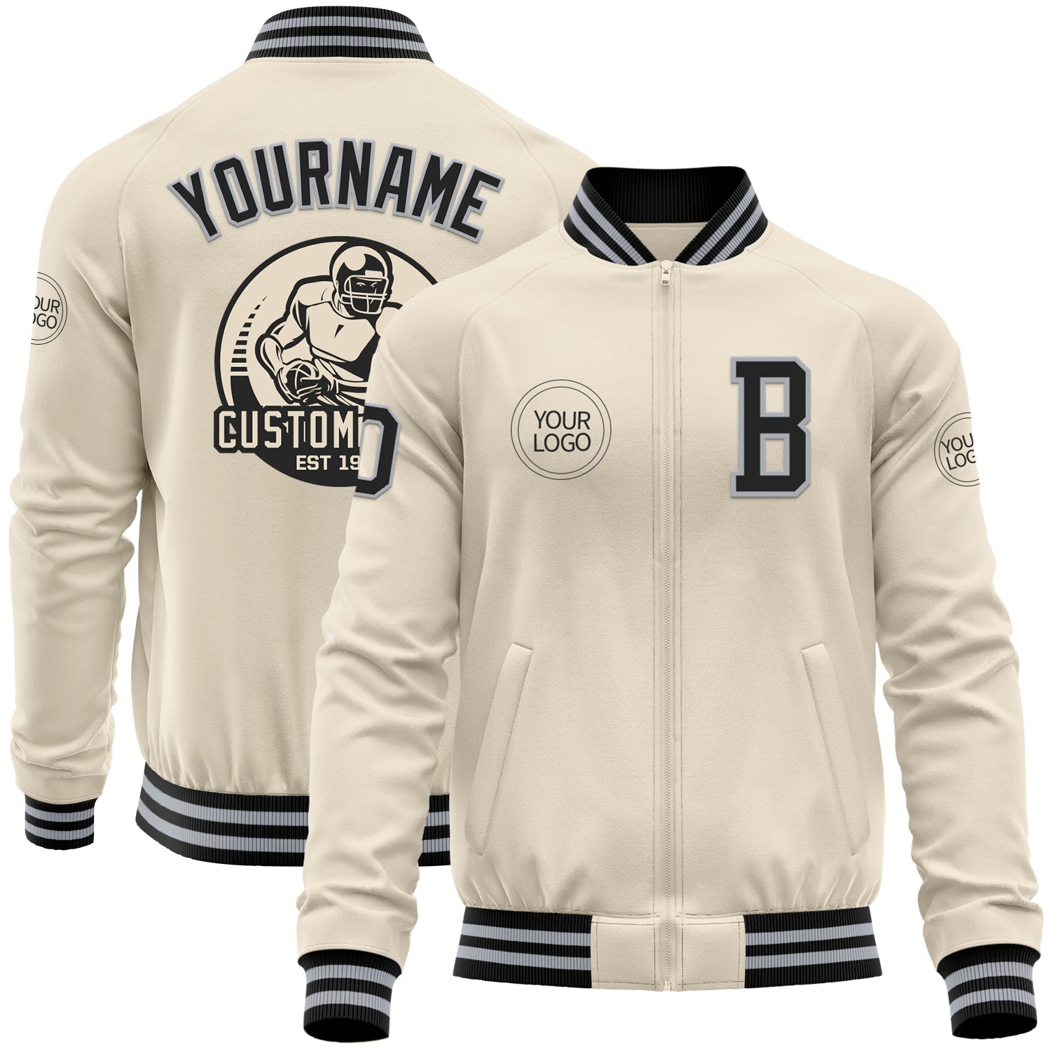 Custom Cream Black-Gray Bomber Varsity Letterman Zipper Jacket - Main View