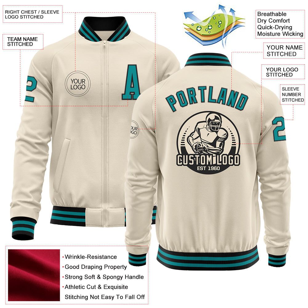 Custom Cream Teal-Black Bomber Varsity Letterman Zipper Jacket view 4