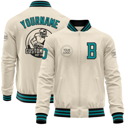 Custom Cream Teal-Black Bomber Varsity Letterman Zipper Jacket - Main View