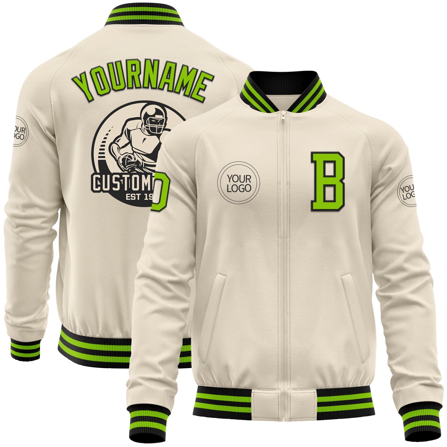 Custom Cream Neon Green-Black Bomber Varsity Letterman Zipper Jacket - Main View