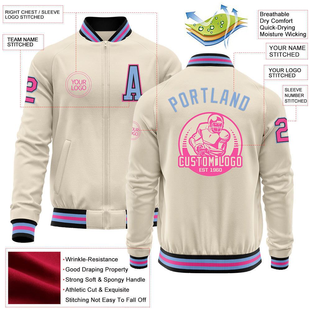 Custom Cream Pink Black-Light Blue Bomber Varsity Letterman Zipper Jacket view 4