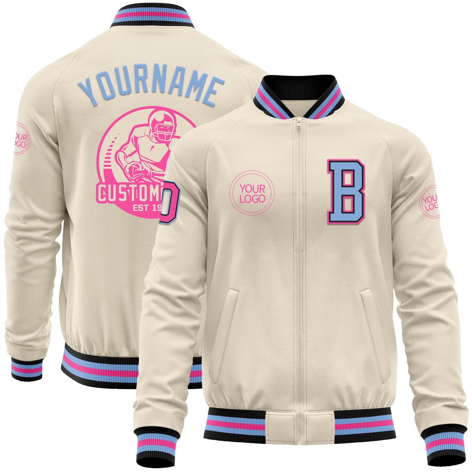 Custom Cream Pink Black-Light Blue Bomber Varsity Letterman Zipper Jacket - Main View