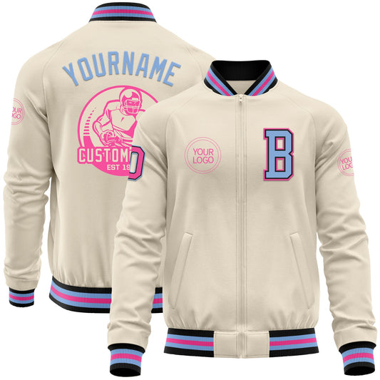 Custom Cream Pink Black-Light Blue Bomber Varsity Letterman Zipper Jacket - Main View