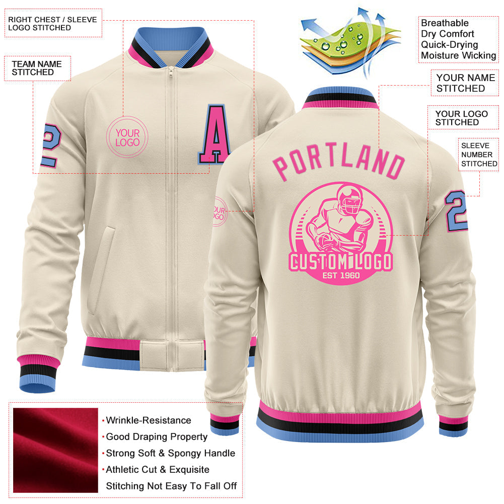 Custom Cream Light Blue Black-Pink Bomber Varsity Letterman Zipper Jacket view 4
