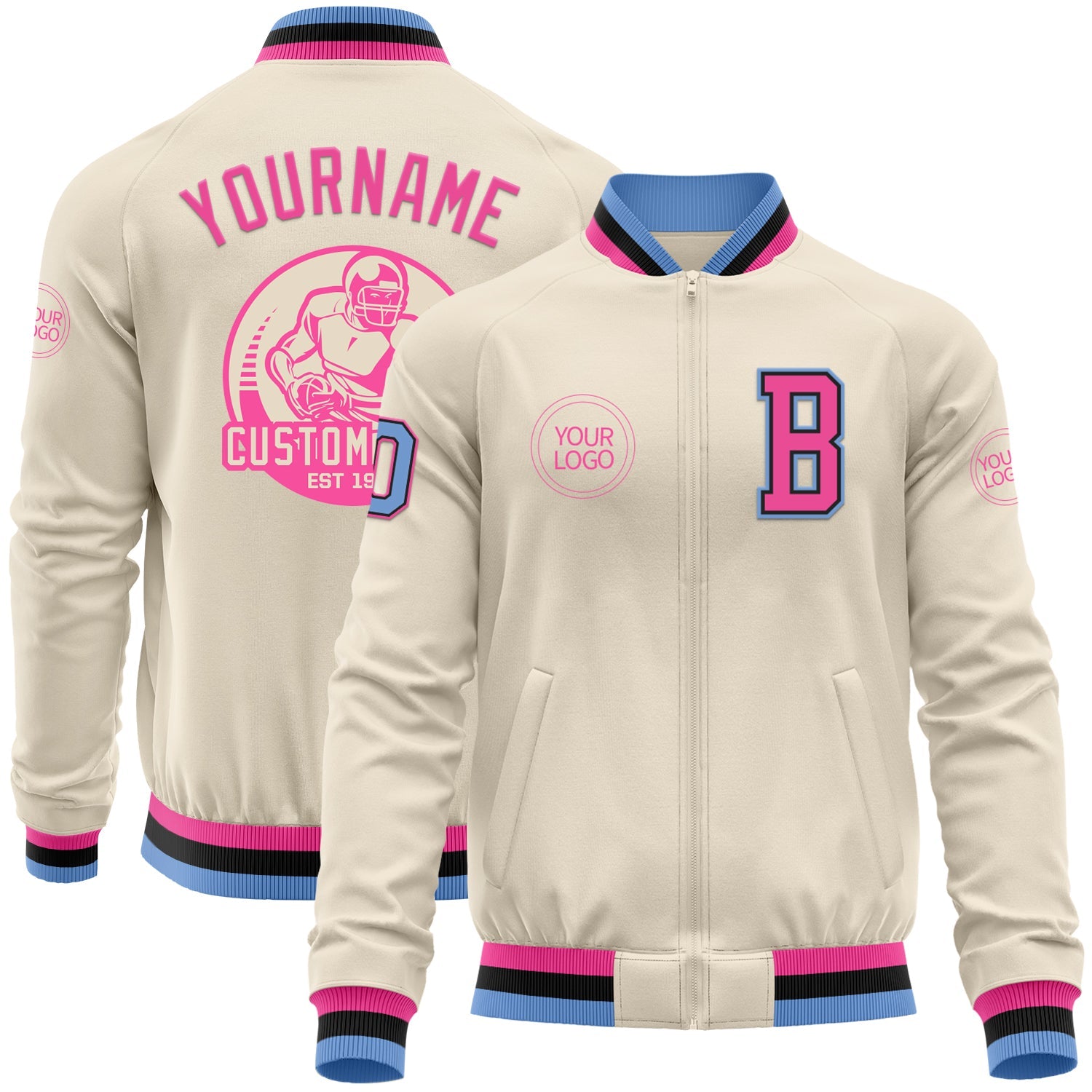 Custom Cream Light Blue Black-Pink Bomber Varsity Letterman Zipper Jacket - Main View