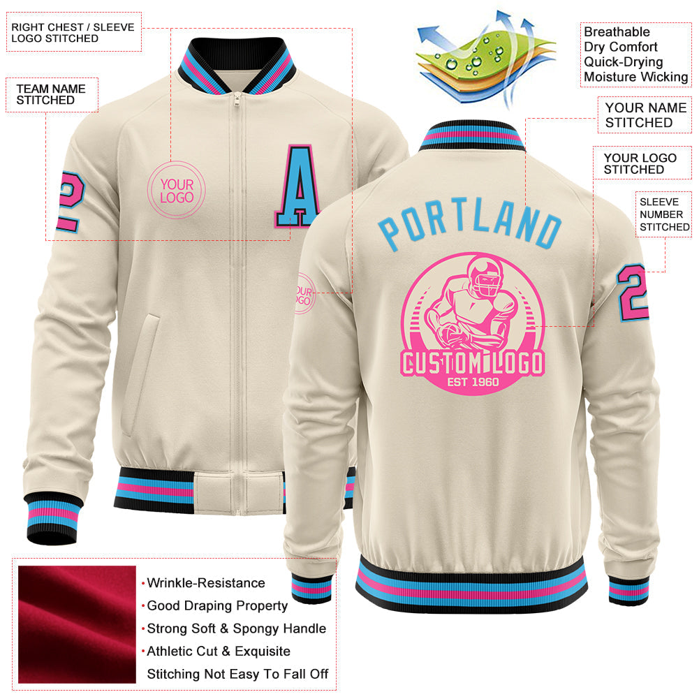 Custom Cream Pink Black-Sky Blue Bomber Varsity Letterman Zipper Jacket view 4