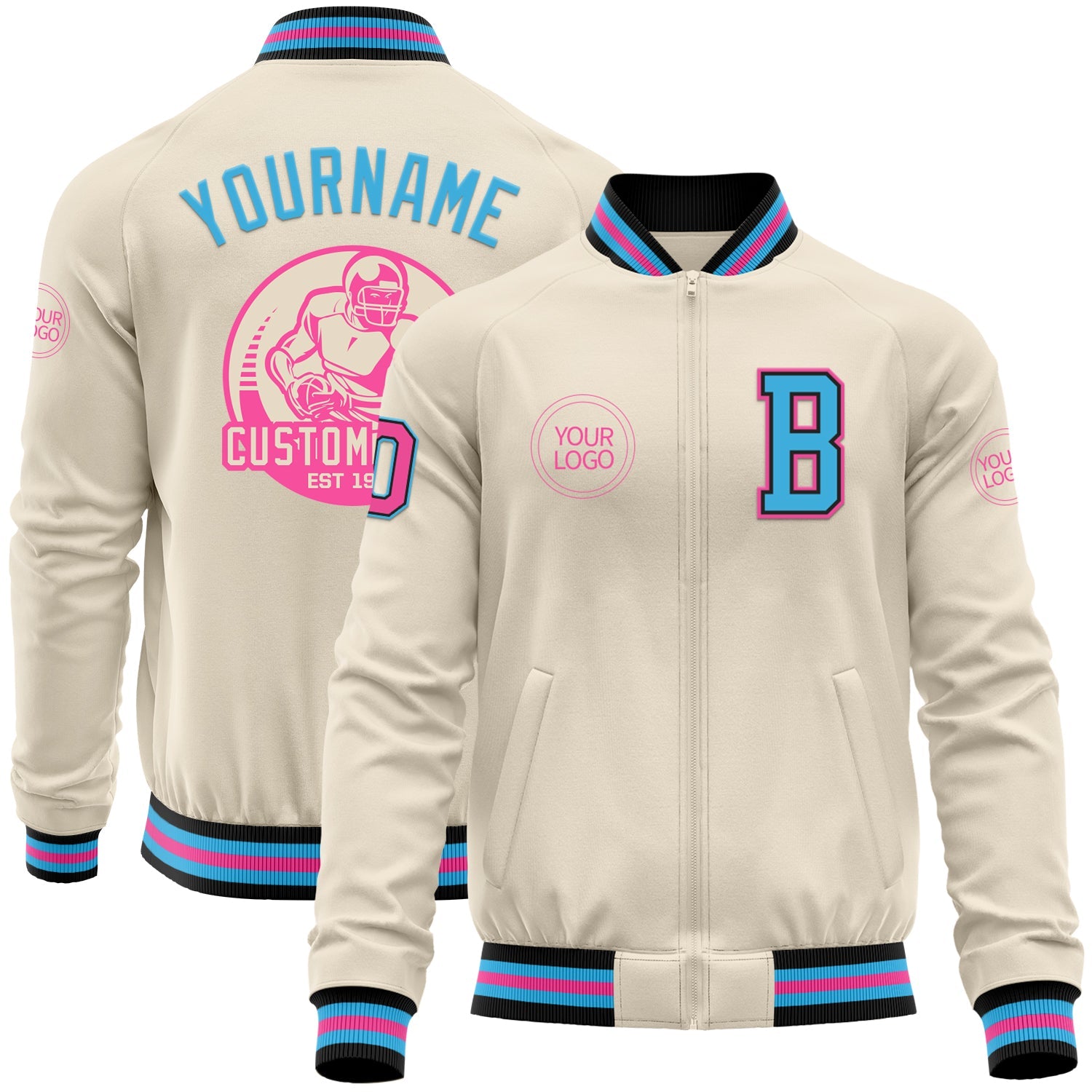 Custom Cream Pink Black-Sky Blue Bomber Varsity Letterman Zipper Jacket - Main View