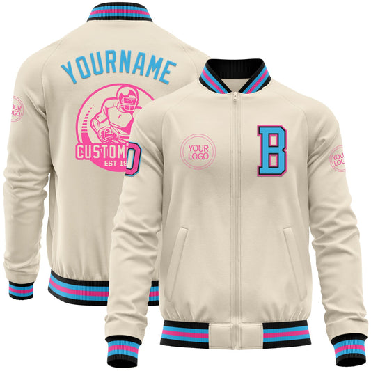 Custom Cream Pink Black-Sky Blue Bomber Varsity Letterman Zipper Jacket - Main View