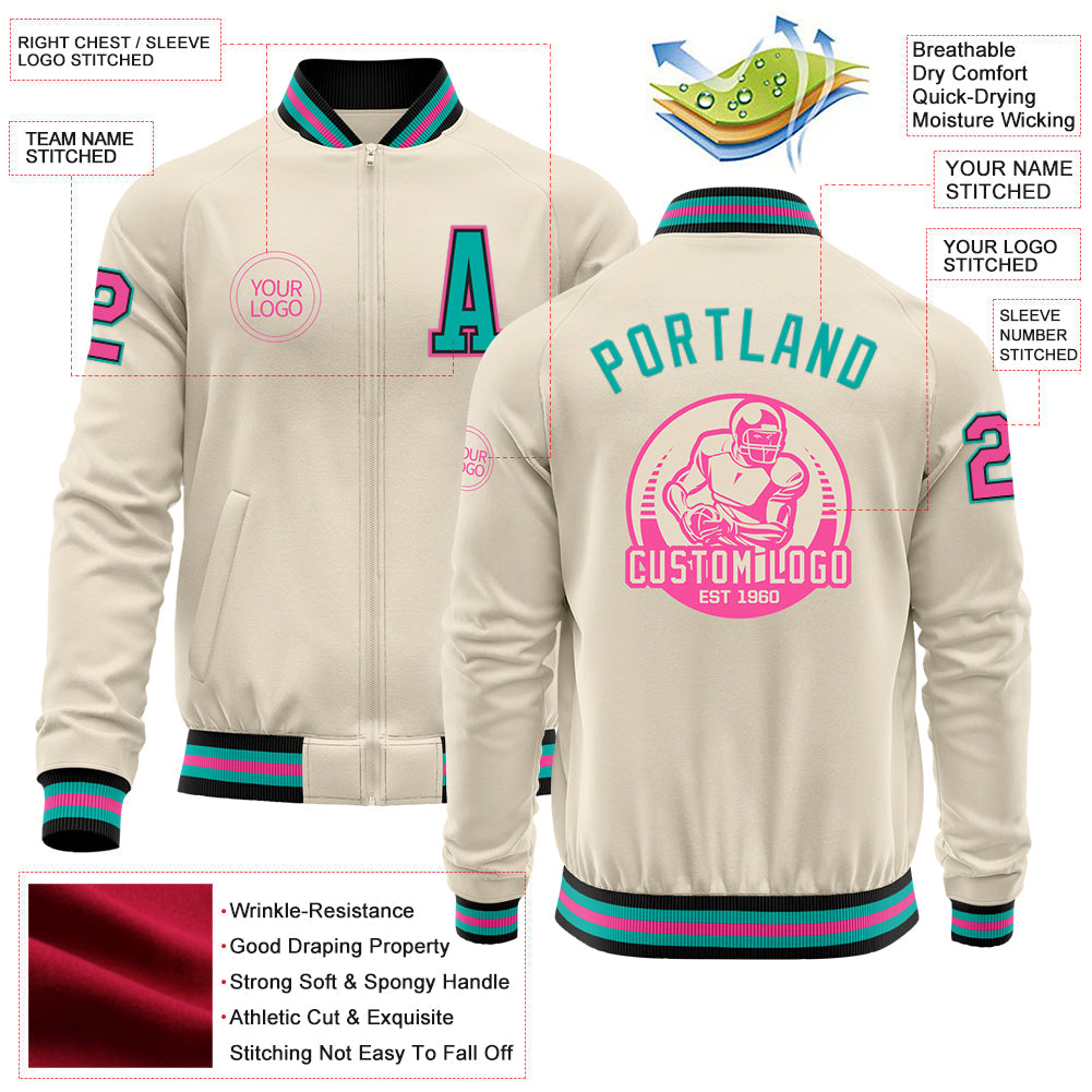 Custom Cream Pink Black-Aqua Bomber Varsity Letterman Zipper Jacket view 4