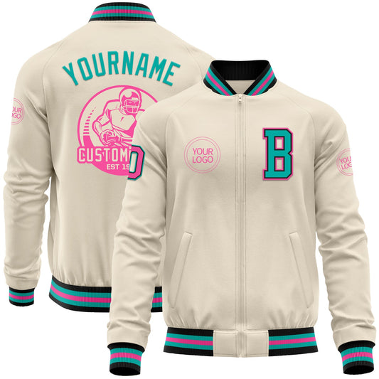 Custom Cream Pink Black-Aqua Bomber Varsity Letterman Zipper Jacket - Main View