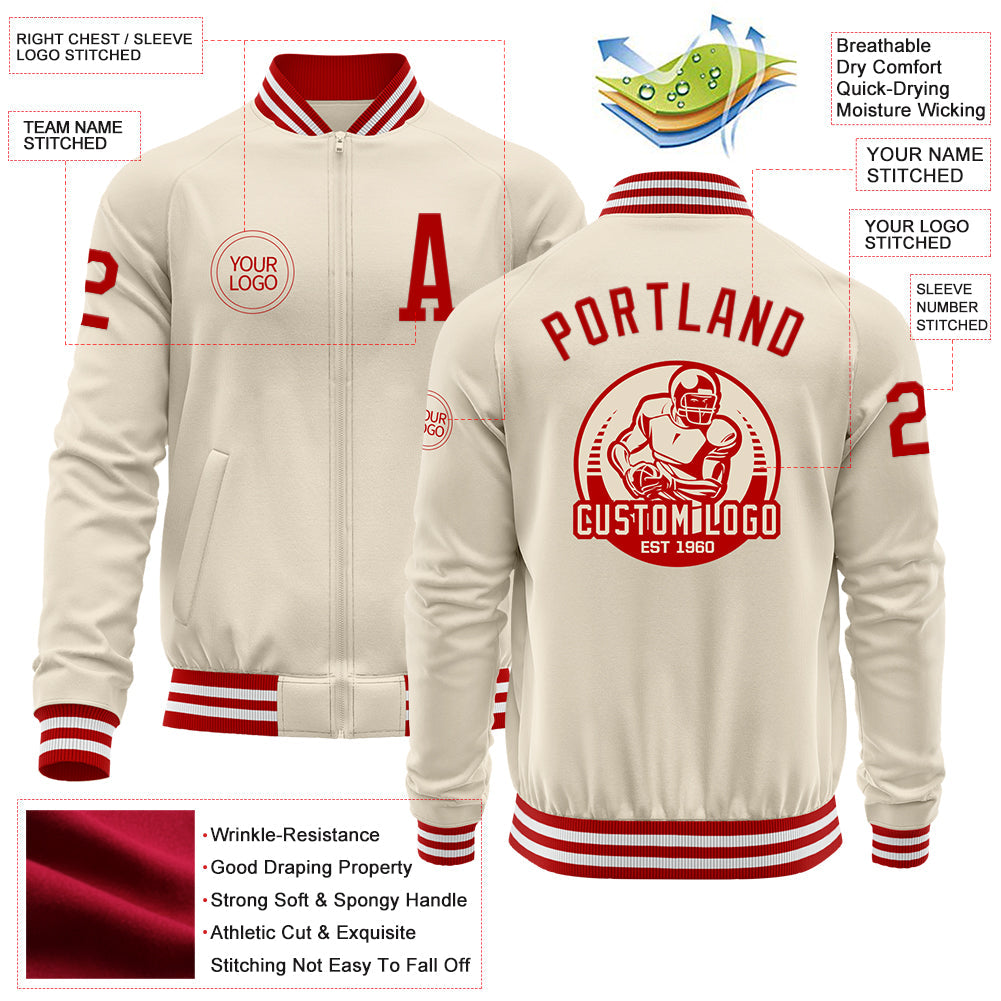 Custom Cream Red-White Bomber Varsity Letterman Zipper Jacket view 4