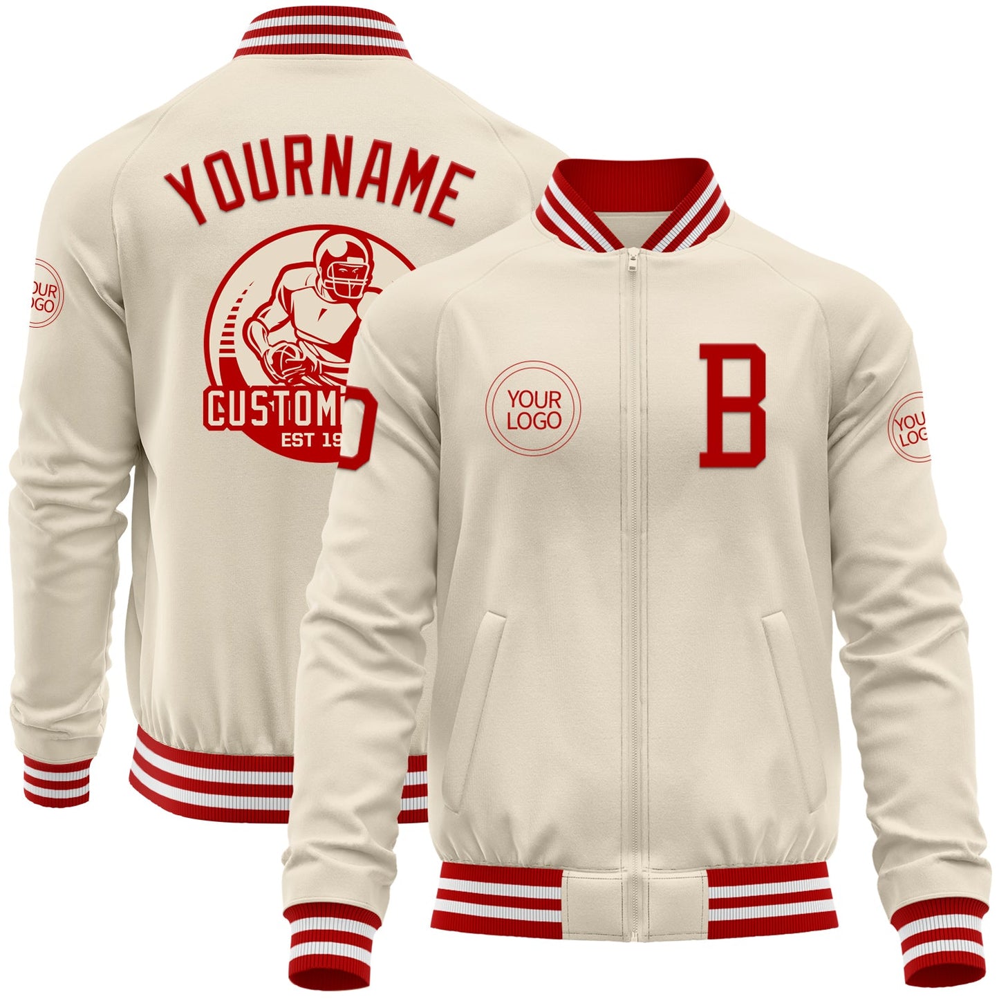 Custom Cream Red-White Bomber Varsity Letterman Zipper Jacket - Main View