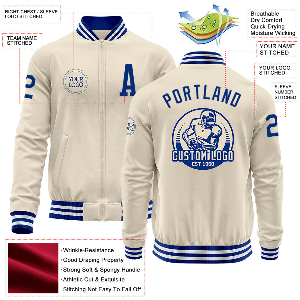 Custom Cream Royal-White Bomber Varsity Letterman Zipper Jacket view 4