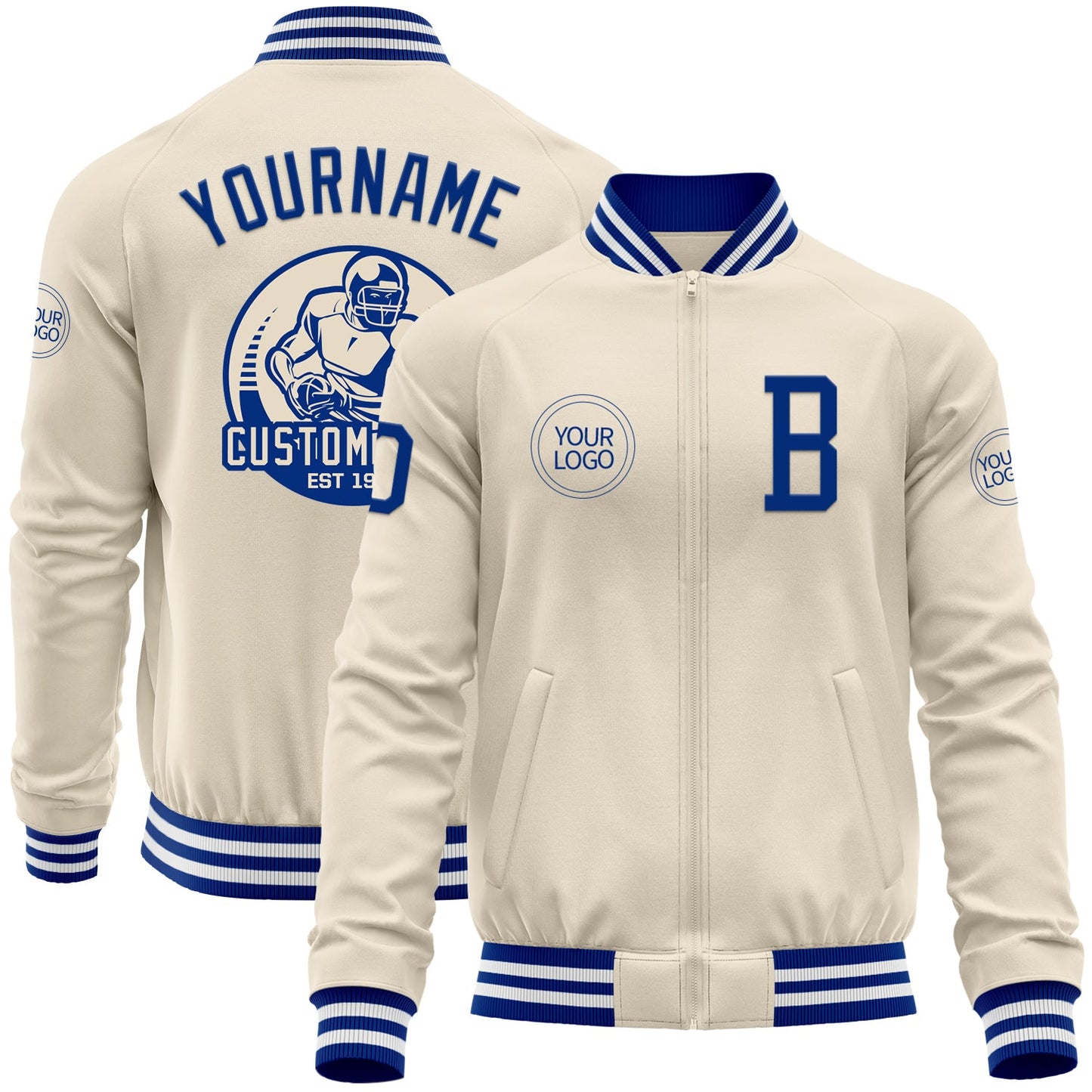 Custom Cream Royal-White Bomber Varsity Letterman Zipper Jacket - Main View