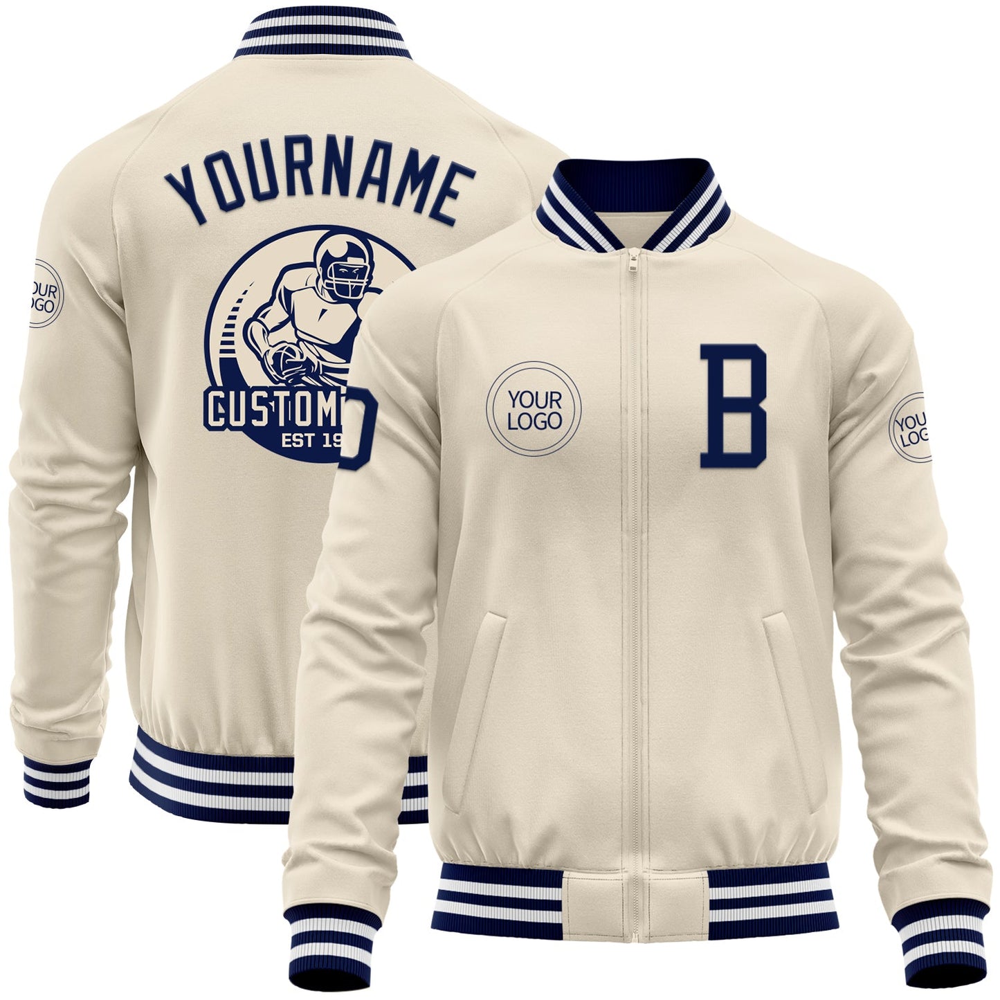 Custom Cream Navy-White Bomber Varsity Letterman Zipper Jacket - Main View