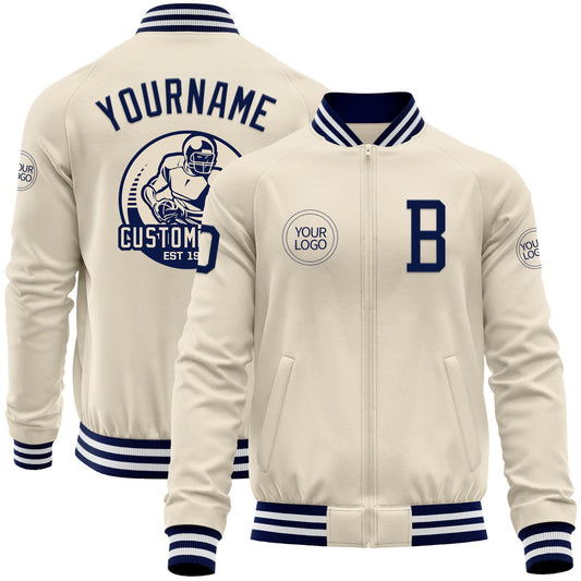 Custom Cream Navy-White Bomber Varsity Letterman Zipper Jacket - Main View