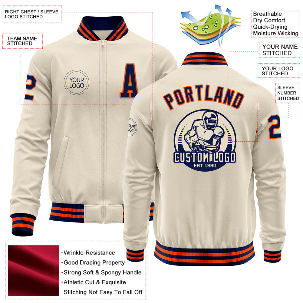 Custom Cream Navy-Orange Bomber Varsity Letterman Zipper Jacket view 4
