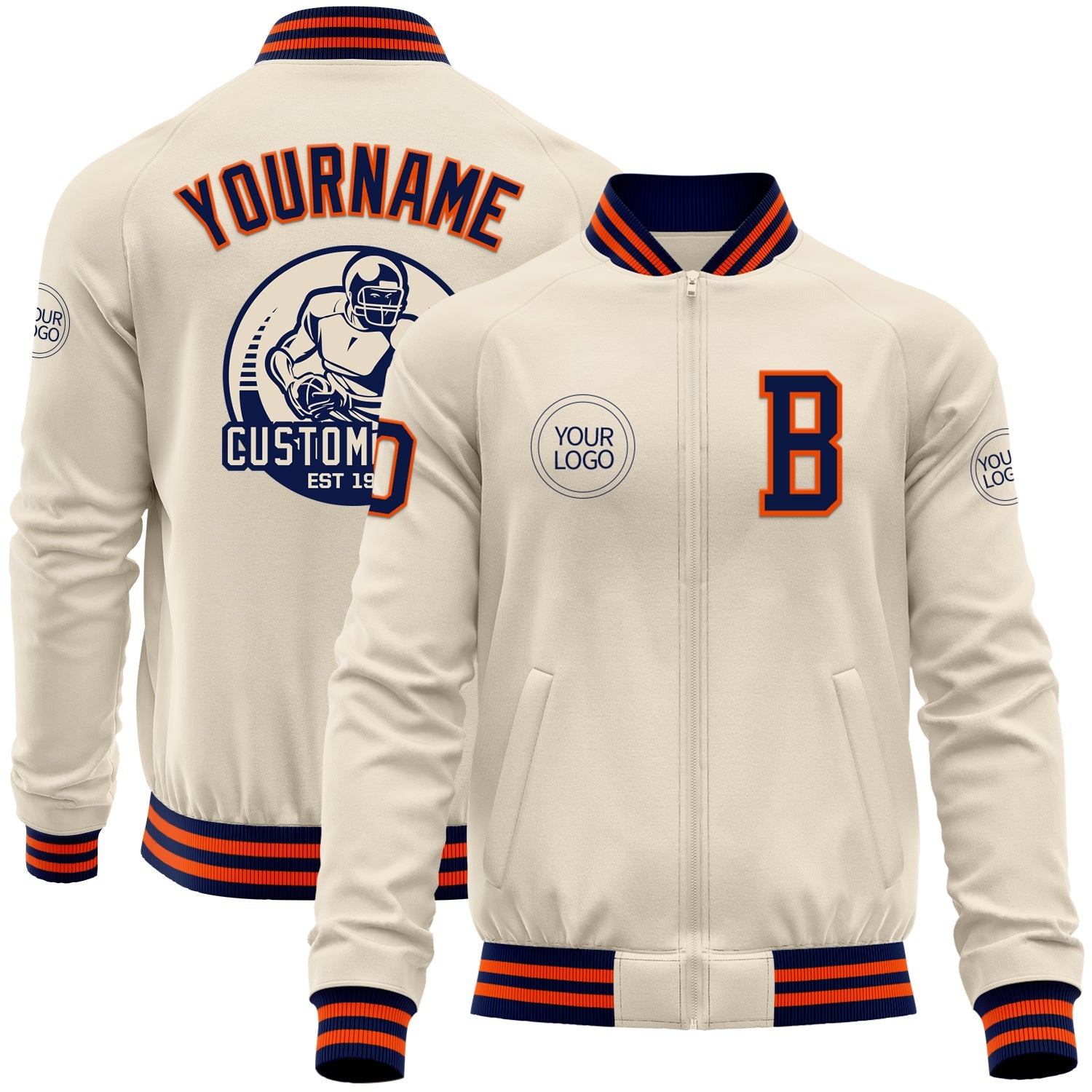 Custom Cream Navy-Orange Bomber Varsity Letterman Zipper Jacket - Main View
