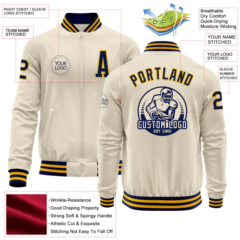 Custom Cream Navy-Gold Bomber Varsity Letterman Zipper Jacket view 4