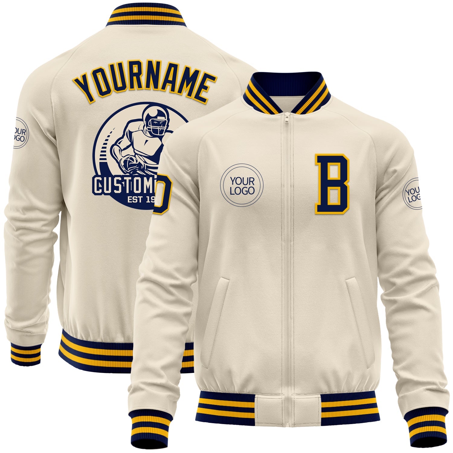 Custom Cream Navy-Gold Bomber Varsity Letterman Zipper Jacket - Main View