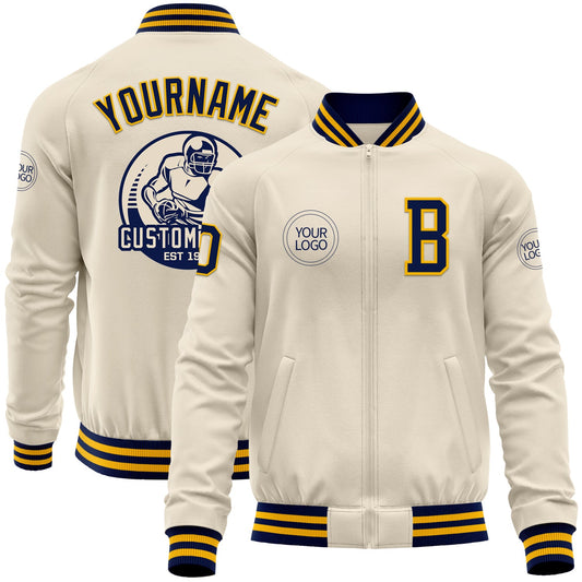 Custom Cream Navy-Gold Bomber Varsity Letterman Zipper Jacket - Main View