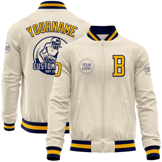 Custom Cream Gold-Navy Bomber Varsity Letterman Zipper Jacket - Main View