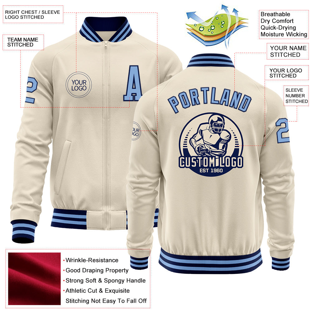 Custom Cream Light Blue-Navy Bomber Varsity Letterman Zipper Jacket view 4