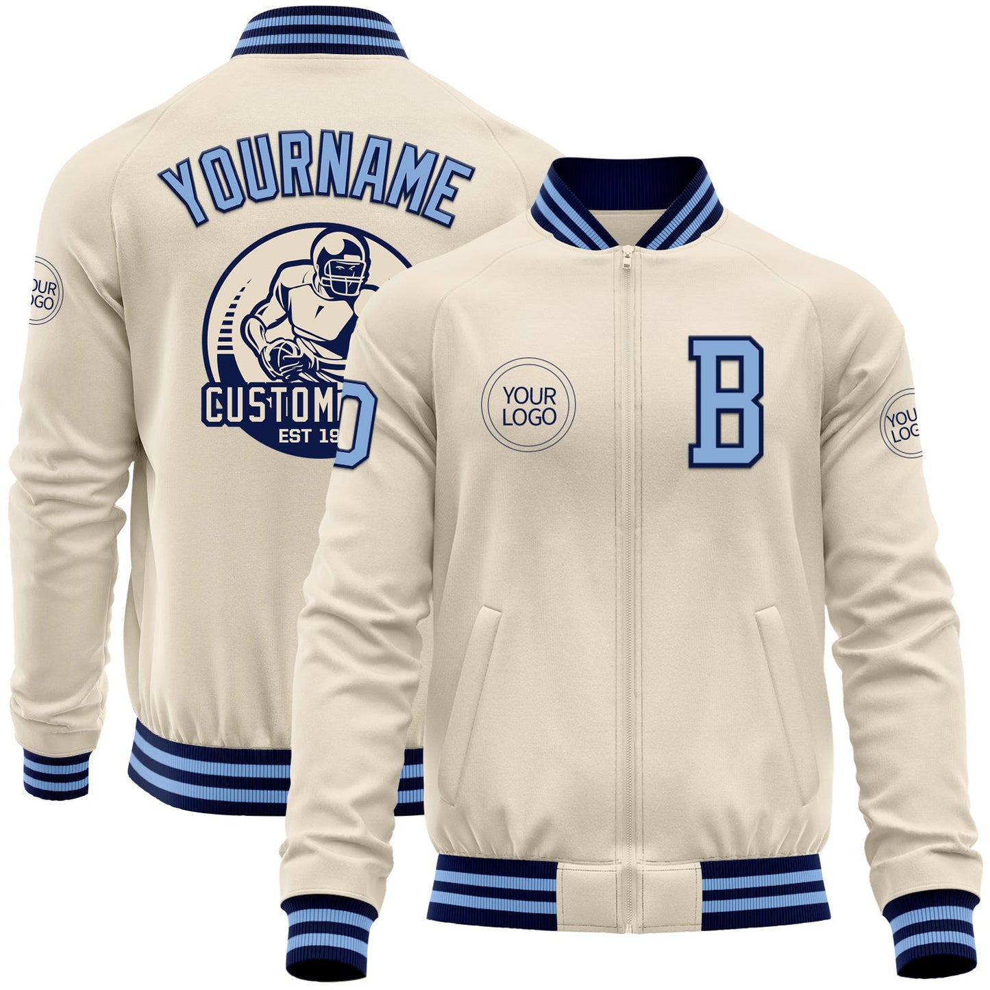 Custom Cream Light Blue-Navy Bomber Varsity Letterman Zipper Jacket - Main View