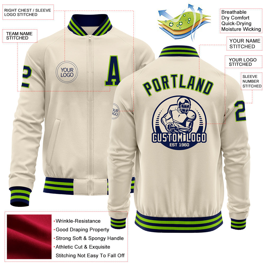 Custom Cream Navy-Neon Green Bomber Varsity Letterman Zipper Jacket view 4