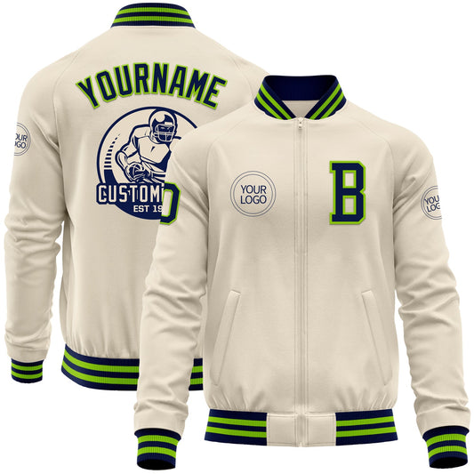 Custom Cream Navy-Neon Green Bomber Varsity Letterman Zipper Jacket - Main View