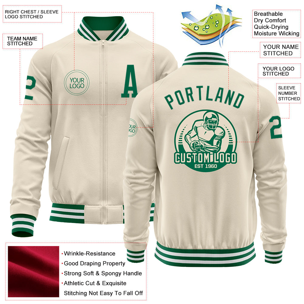 Custom Cream Kelly Green-White Bomber Varsity Letterman Zipper Jacket view 4