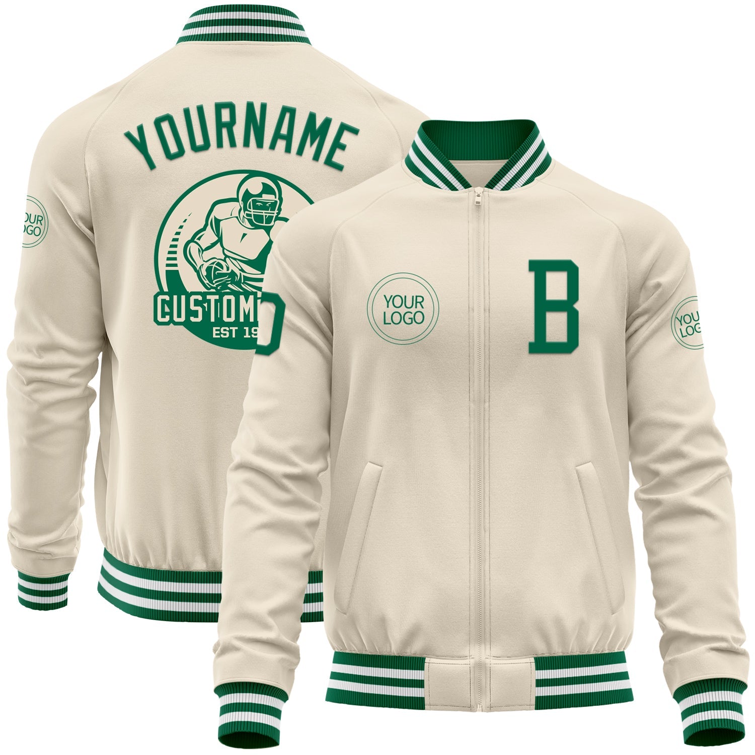 Custom Cream Kelly Green-White Bomber Varsity Letterman Zipper Jacket - Main View