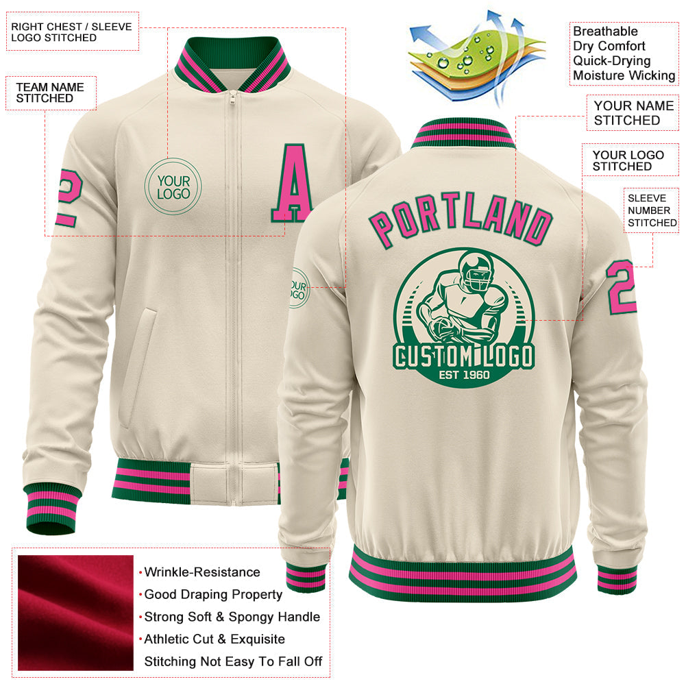 Custom Cream Pink-Kelly Green Bomber Varsity Letterman Zipper Jacket view 4