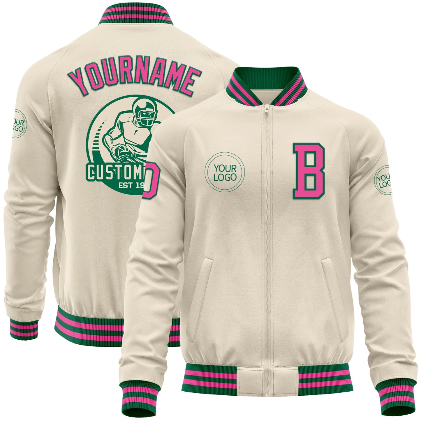 Custom Cream Pink-Kelly Green Bomber Varsity Letterman Zipper Jacket - Main View