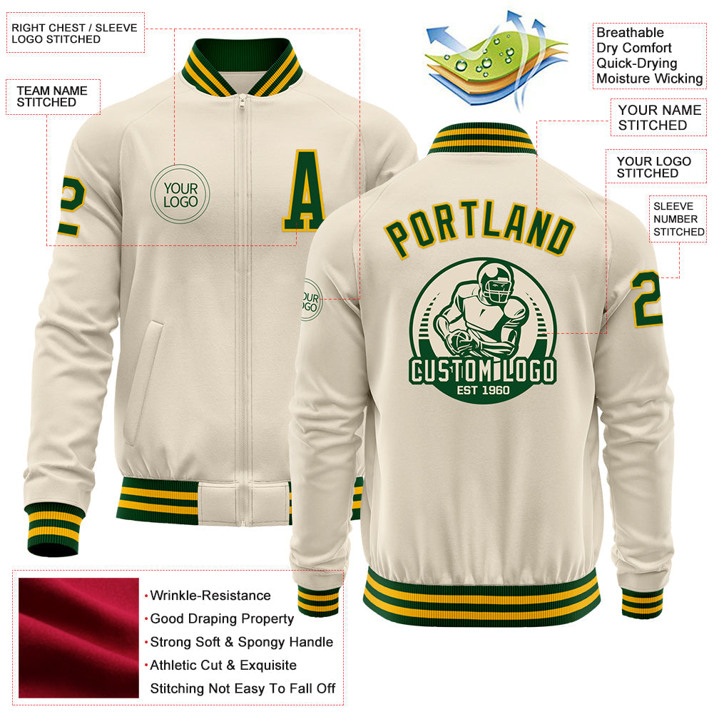 Custom Cream Green-Gold Bomber Varsity Letterman Zipper Jacket view 4