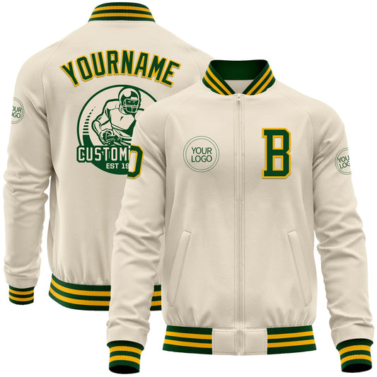 Custom Cream Green-Gold Bomber Varsity Letterman Zipper Jacket - Main View