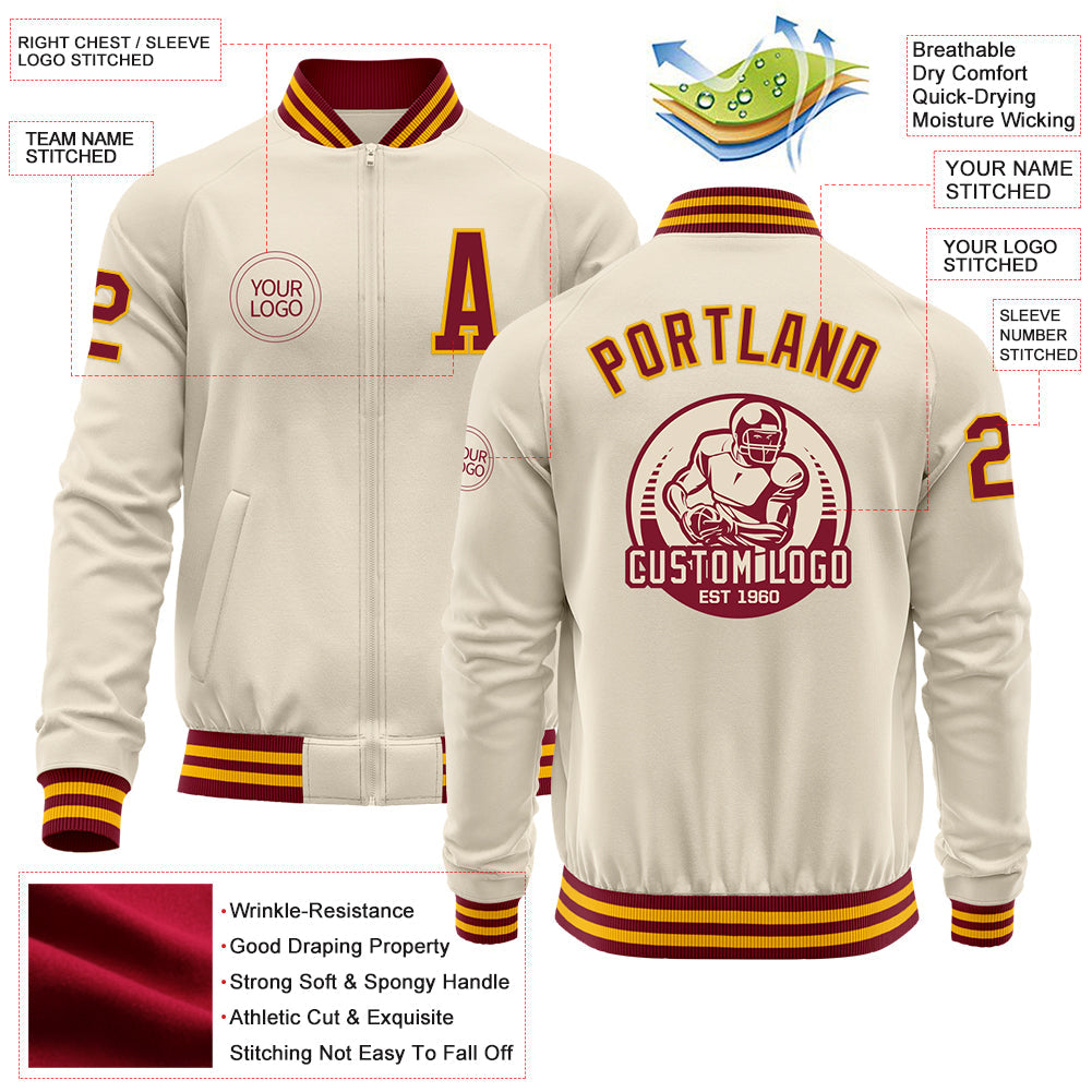 Custom Cream Crimson-Gold Bomber Varsity Letterman Zipper Jacket view 4