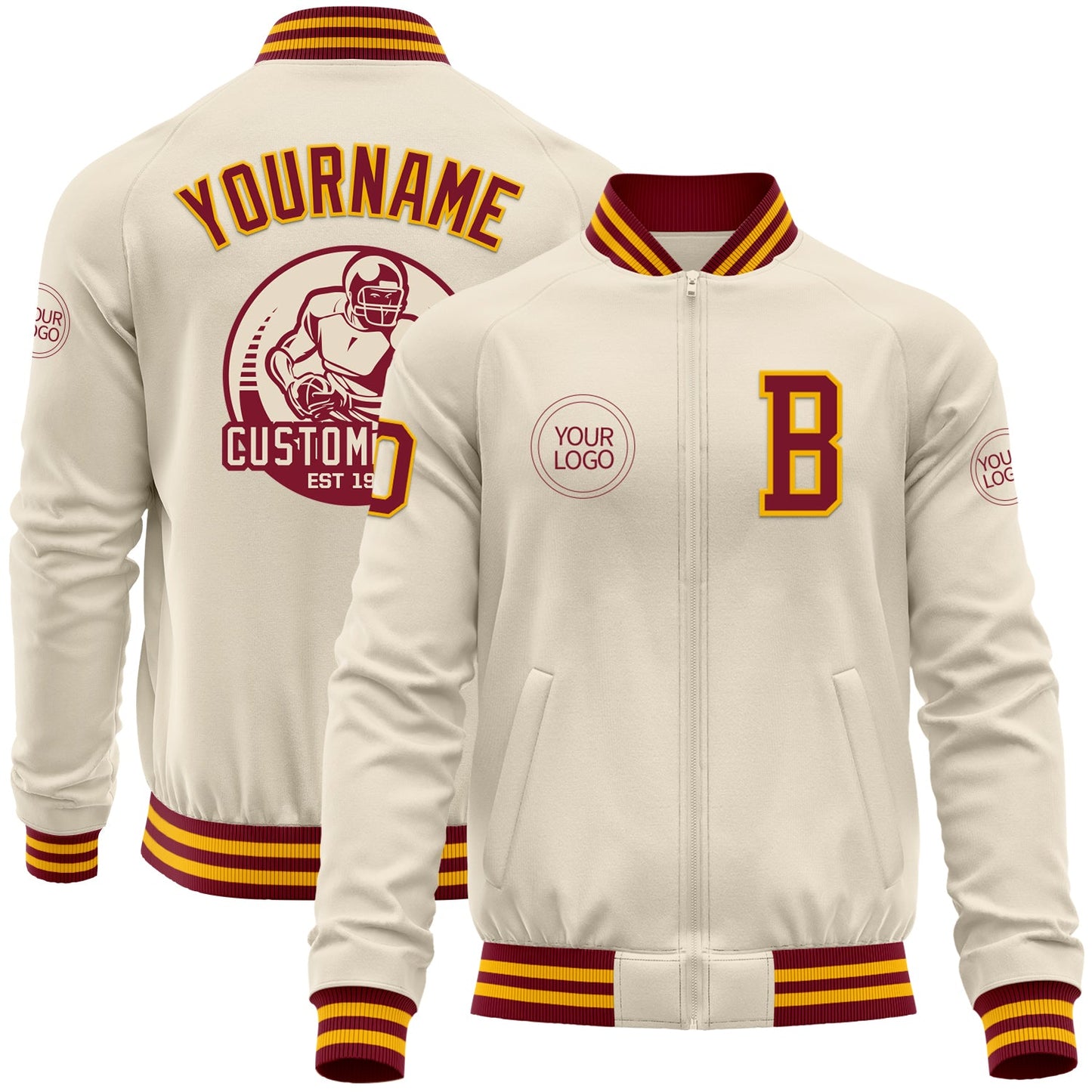Custom Cream Crimson-Gold Bomber Varsity Letterman Zipper Jacket - Main View