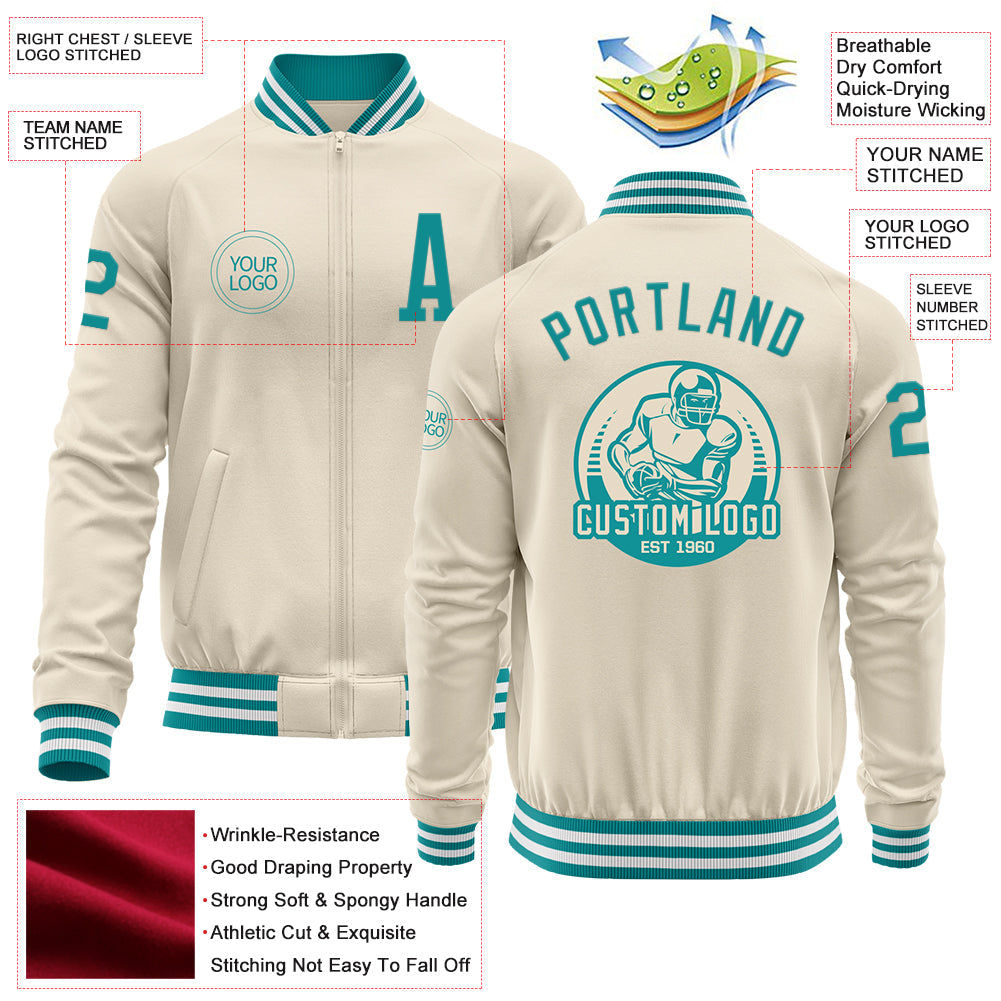 Custom Cream Teal-White Bomber Varsity Letterman Zipper Jacket view 4