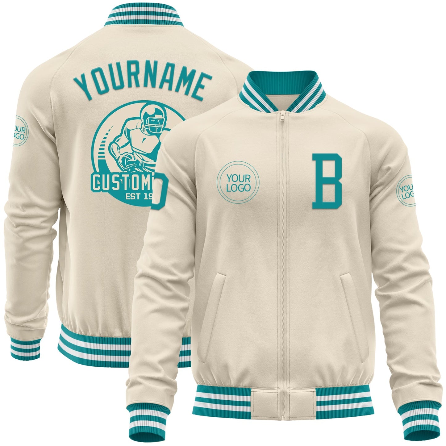 Custom Cream Teal-White Bomber Varsity Letterman Zipper Jacket - Main View