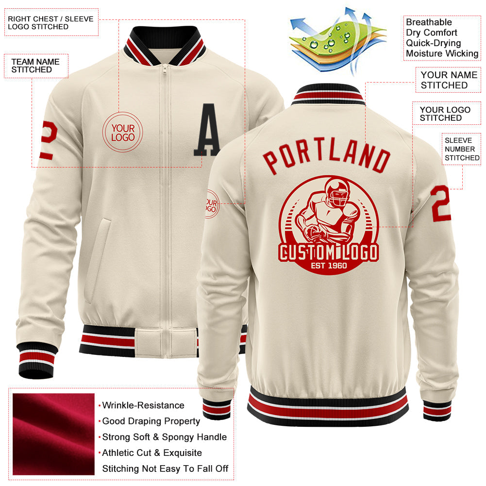Custom Cream Red-Black Bomber Varsity Letterman Zipper Jacket view 4
