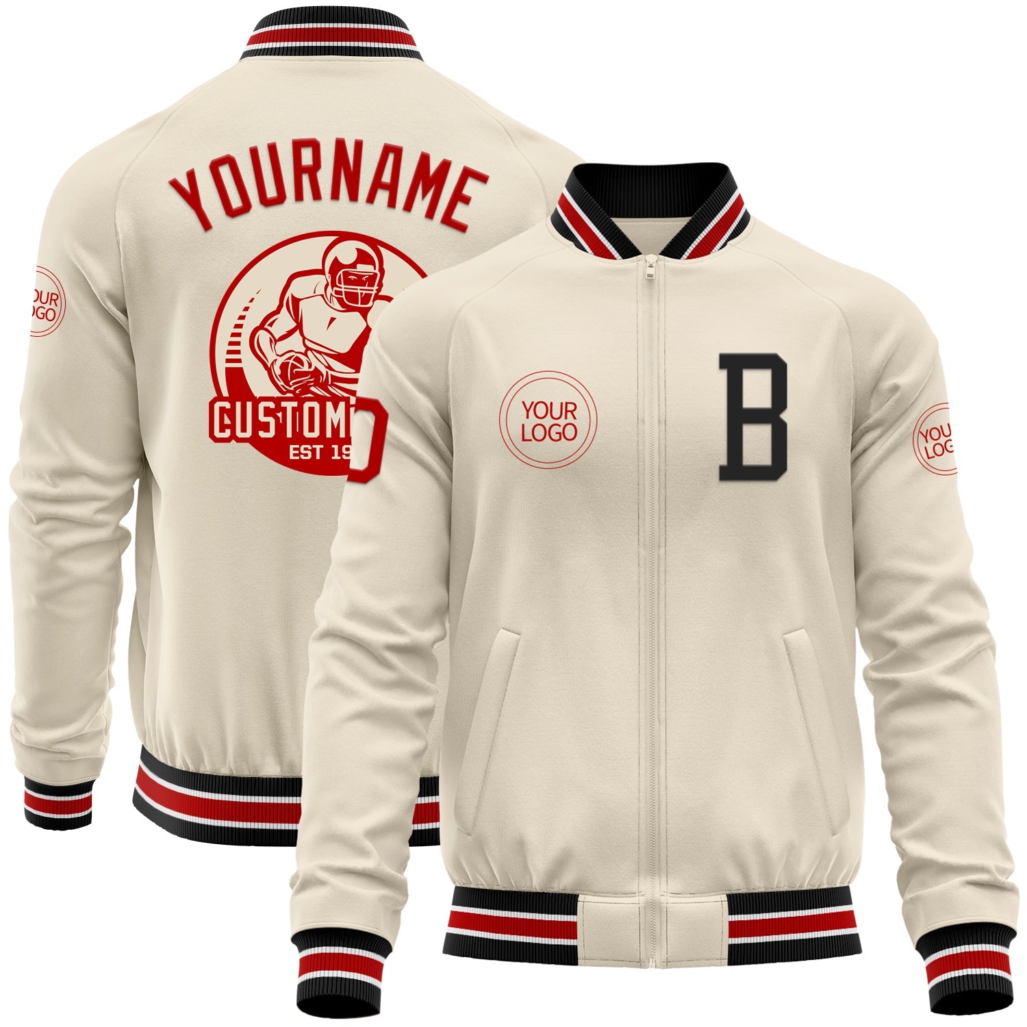 Custom Cream Red-Black Bomber Varsity Letterman Zipper Jacket - Main View
