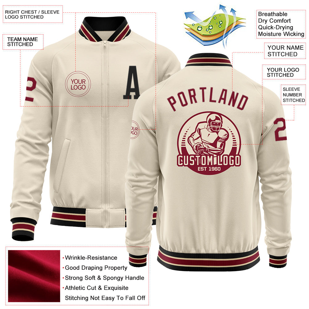 Custom Cream Crimson Black-City Cream Bomber Varsity Letterman Zipper Jacket view 4