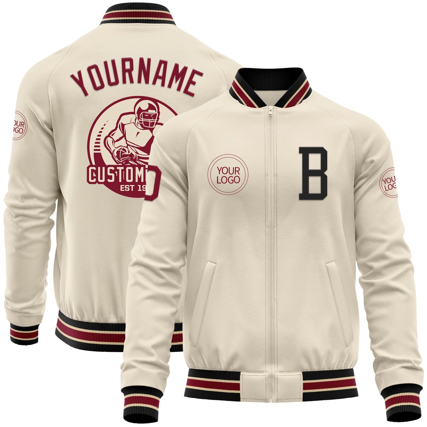 Custom Cream Crimson Black-City Cream Bomber Varsity Letterman Zipper Jacket - Main View