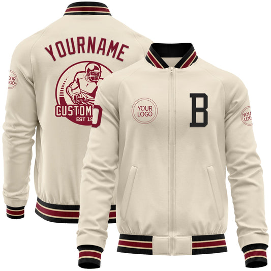 Custom Cream Crimson Black-City Cream Bomber Varsity Letterman Zipper Jacket - Main View