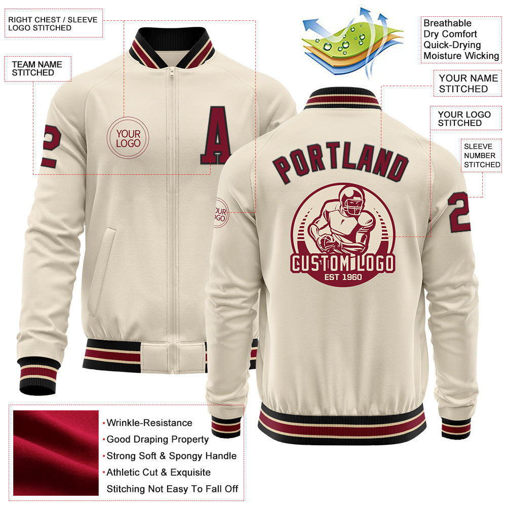 Custom Cream Crimson Black-City Cream Bomber Varsity Letterman Zipper Jacket view 4