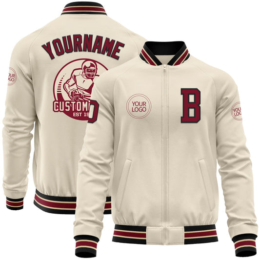 Custom Cream Crimson Black-City Cream Bomber Varsity Letterman Zipper Jacket - Main View