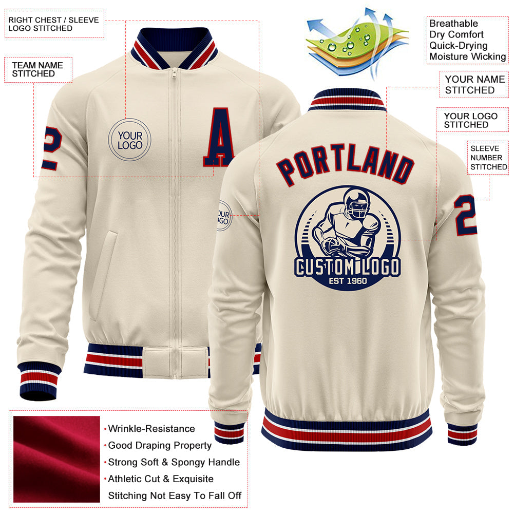 Custom Cream Navy Red-White Bomber Varsity Letterman Zipper Jacket view 4