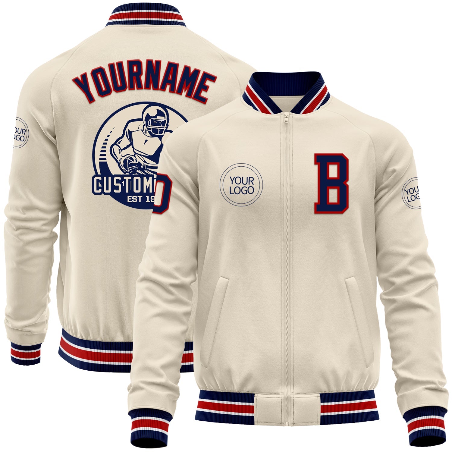 Custom Cream Navy Red-White Bomber Varsity Letterman Zipper Jacket - Main View