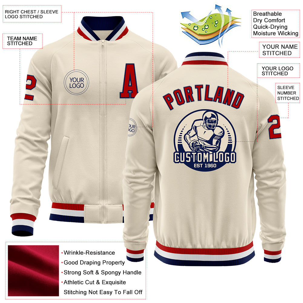 Custom Cream Red Navy-White Bomber Varsity Letterman Zipper Jacket view 4